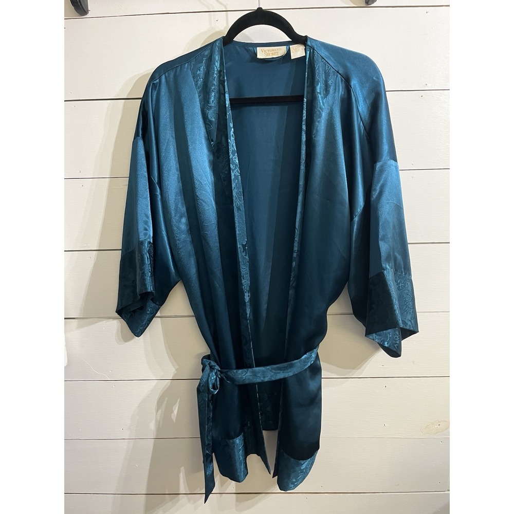 Victoria's Secret Vintage Gold Label Teal Blue Silky Satin Kimono Robe With Belt